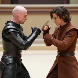 hectic knife-fight  between bald_hairless_Austin_Butler-dressed-in-black-leather-armor versus Timothee_Chalamet_dressed-in-brown-felt, in an arena, detailed faces