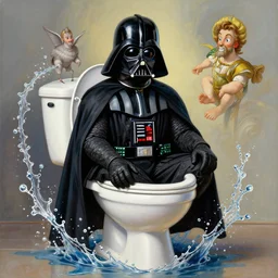 Darth Vader lives inside the toilet, a beautiful painting by Michelangelo, Moebius, Thomas Kinkade, Greg Rutkowski, Disney, 4k wallpaper, water splash effects, intricate detail, fancy toilet