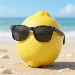 a lemon wearing shades on a beach, hyper realistic