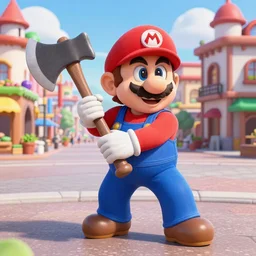 Super Mario as an executioner holding an axe, overcast day, town square