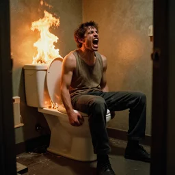 a screaming man on a toilet that is on fire