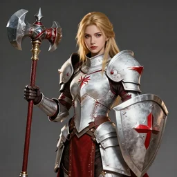 gorgeous female Paladin, beautiful face, mace and shield, dark golden hair, White and red armor, crusade, trending on Artstation artstationHD, artstationHQ, cgsociety, extremely detailed, low fantasy