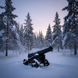 lapland cannon snow covered trees volymetric light ethereal dusk by noah bradley and john howe