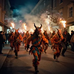 kodak portra 4 0 0, 5 0 0 mm tele lens, award winning dynamic vivid atmospheric photograph of running hazardous horde krampus, by robert capas, in muted colours, striped orange and teal, motion blur, on a street in salzburg at night with colourful exploding pyro fire and torches, narrow shot