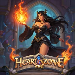 Who : a sorceress with black clothes casting a fire ball; Physical : voluptious; IMPORTANT : Hearthstone official splash art, Heartstone original art style, award winning