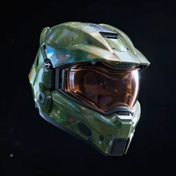 cyberpunk halo helmet floating in space with light reflection