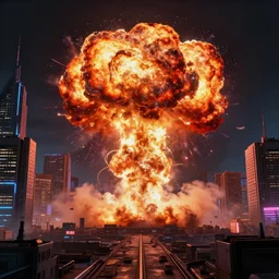 a nuclear explosion in a cyberpunk city, High definition, Octane render, Unreal Engine, vibrant color, neon