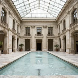 a photo of a neoclassical courtyard with a glass roof and water streams in the marble floor