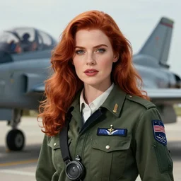 epic professional digital portrait art of attractive redhead woman airforce pilot, 4 0 mm lens, facing front, by neal adams and adam hughes, artstation, cgsociety, wlop, pixiv, epic, much wow, much detail, gorgeous, detailed, cinematic, masterpiece