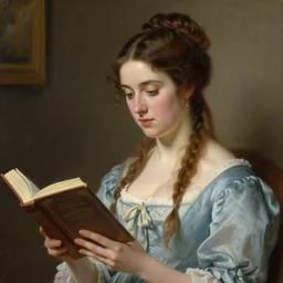 jane austen with a book, painting by rossetti bouguereau, detailed art, artstation