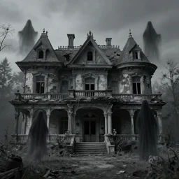 spectres and ghosts haunting a decaying mansion, matte, shades of grey