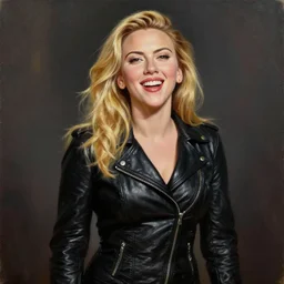 a very beautiful oil painting of scarlett johansson wearing a tight black leather jacket with long blond hair. she is feeling much amusement, much joy and much fun, very aesthetic and attractive, portrait, trending on artstation, very very happy face, amused face, scarlet johansson