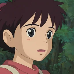 Cinestill 50d, 8K, highly detailed, studio ghibli mononoke style 3/4 extreme closeup portrait, eye contact, focus on model, tilt shift zaha hadid style forest background: famous mononoke remake, forest scene