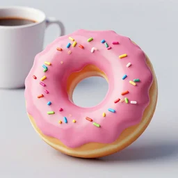 a realistic render of a donut with pink icing and rainbow sprinkles, and a coffee cup, against a gray background