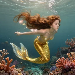 harmony ( golden glimmering mermaid brown haired cute yoongi ), under water swimming, colorful coral, muted colors, wlop, james jean, victo ngai, highly detailed, fantasy art by craig mullins, thomas kinkade
