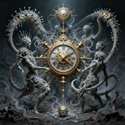 melting clockwork biological psychedelic realm possessed by astral beings trying to escape the end of time while wrapping around each other in a significantly meaningful exodus wlop h. r. giger
