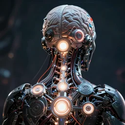 close - up cinematic shot of a terrifying ominous evil cyborg's chakra points!!!!!, glowing bright circular ports down spinal cord and brain, hyper detailed schematics neural sci fi, wires and cables from the back of the neck, high octane cybernetics, featured on cgsociety, ultra 4 k concept turnaround