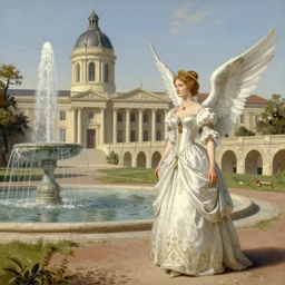 neoclassical tower with dome next to palace and a fountain and a aqueduct. the elegant princess in foreground is walking. battle angel alita. by rembrandt 1 6 6 7, illustration