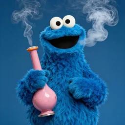 a surreal dream of cookie monster blowing smoke while smoking from a bong