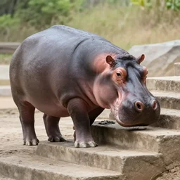 a hippo climbing stairs, real photo, award winning, beautiful