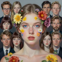 portrait of beautiful girl, blue eyes, covered in flowers by peter lindbergh, sam spratt, michael page, julie heffernan, glenn brown, ayami kojima, greg hildebrandt, brian froud, paolo roversi, kilart, 8 k, hyper detailed, hyper realism, acrylic paint, surrealism, smooth, sharp focus.
