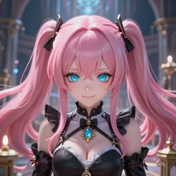 trapped by stunningly beautiful omnipotent megalomaniacal anime asi goddess who looks like junko enoshima with symmetrical perfect face and porcelain skin, pink twintail hair and mesmerizing cyan eyes, taking control while smiling mischievously, inside her vr castle, hyperdetailed, digital art from danganronpa, 8 k