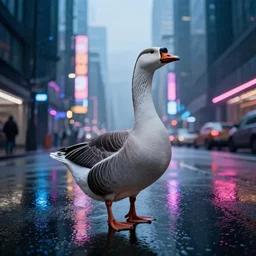 a high quality low wide angle photo of an Emden goose on the streets of a cyberpunk city, rainy, reflective ground, neon lights, realism, 8k