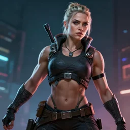 highly detailed digital art, masterpiece portrait muscular florence pugh cyberpunk warrior female clothed, cyberpunk character portrait, dynamic pose, ambient lighting, perfect face, 4 k realistic, intricate detail, digital painting, artstation, wlop, van heroes, franks, vaporwave