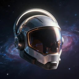 photorealistic scene of a cyberpunk halo helmet floating in space with light reflectio with cosmos background, extremely close shot, 8k, cinematic, epic, ultra detailed, award winning, trending on artstationHD