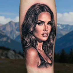 creative double exposure effect tattoo design sketch of megan fox on a background of beautiful mountain scenery, realism tattoo, in the style of matteo pasqualin, amazing detail, sharp