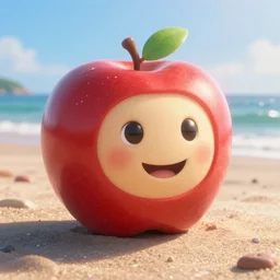 a smiling apple character on the beach, sunny day, pixar render