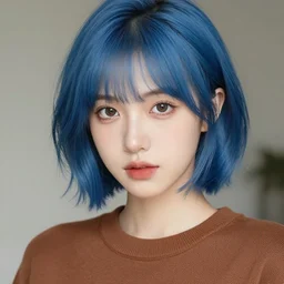 beautiful woman with short blue hair, big brown eyes, wearing a brown sweater