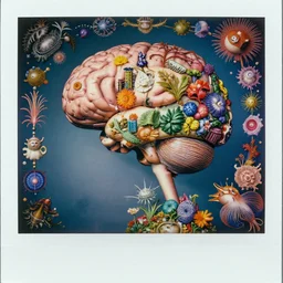 a highly detailed realistic surreal stunning award winning intricate colorful chromatic aberration, 9 0 s toy commercial, double exposure photo from the 7 0 s, polaroid photo of all of the world's botanical knowledge in one brain, by zdzislaw beksinski, by ernst haeckel, 8 k, hi - res,