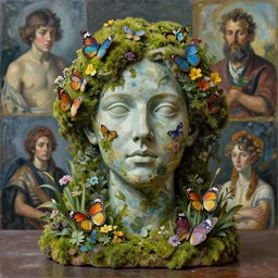 a sculpture portrait made of butterflies and moss and flowers and plants, painting part by wojciech siudmak, part by ilya repin, part by max ernst, part by norman rockwell, artstation