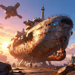 a film still of a sci - fi gigantic rusty metal shipping vessel from tekkonkinkreet by ian mcque, docking space station, bits of broken light, vibrant, 5 0 mm lens, video game character design, 3 d game render hd, dramatic lighting, sunrise, global illumination, trending on artstation, bloom