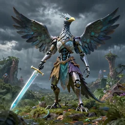 a robotic bird reptile hybrid wearing surreal garments wielding the magical sword excalibur, on an lush alien world during a storm, in the style of boris vellejo, julie bell, leng jun, fantasy, science fiction, 3 d sculpture octane render 8 k