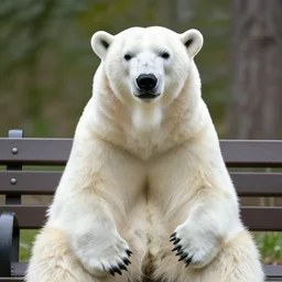 a polar bear with a realistic human face, angrily sitting on a park bench