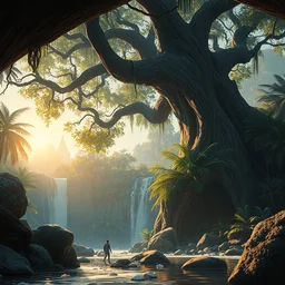 beneath a giant tree by a waterfall cave in the exotic jungle in the evening sun, iceicles, by philippe gare, artstation, greg rutkowski