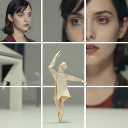 beautiful three point perspective film still of funky pop origami holly herndon character study scene in merce cunningham, extreme closeup portrait in style of frontiers in miniature porcelain photography fashion architectural art studio seinen manga edition, origami statue, pointe pose, tilt shift background, soft lighting, kodak portra 4 0 0, 8 k, macro, cinematic style by emmanuel lubezki