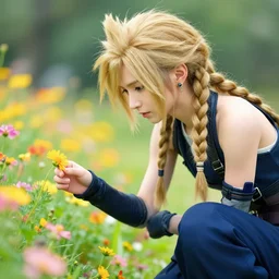 aerith gainsborough, braided hair, final fantasy 7, picking flowers