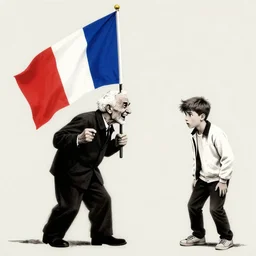 a old men holding the french flag and laughing at a teenager looking scared, artwork by bansky