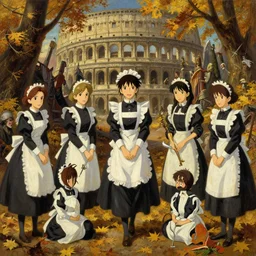 baroque oil painting of key visual environment concept art, anime maids during the fall of the roman empire, brutalist fantasy, rule of thirds golden ratio, fake detail, trending pixiv fanbox, acrylic palette knife, style of makoto shinkai ghibli takashi takeuchi yoshiyuki sadamoto jamie wyeth james gilleard greg rutkowski chiho aoshima