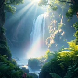 sparkling pastel rainbow dye maguk waterfall kakadu, animation art, breath of the wild, studio ghibli style, sun rays, fantasy feeling, lush vegetation and fern gorge, plants, miyazaki, shinkai makoto, hyper detail, octane render