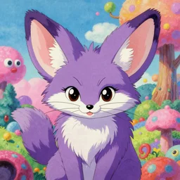 vintage 90\'s anime mixed with pastel impasto highly rhythmic expressionistic wild symmetrical furry purple fennec portrait pleasing palette trending on artstation super fluffy funhouse surreal unpredictable wild unexplainable fantasy land you could not have dreamed of in the gritty posterized grainy analog style of studio Ghibli and 1960s americana Comics, HQ 8k scan