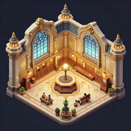 detailed details isometric building interior, train station, fantasy