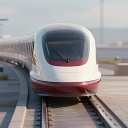 modern concept art for a maglev train, soft lighting, 3d render, 8k, openttd, maroon accents, metallic reflections, star citizen origin 100i, supersonic rail, single central focus, close up, cyberpunk 2077