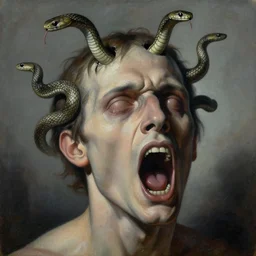 a painting of a decapitated screaming man's face with snakes slithering out of a hole in his forehead, a surrealist painting, polycount, surrealism, surrealist, lovecraftian, cosmic horror