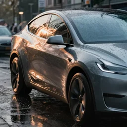 cyberpunk style image of a telsa car reflection in rain