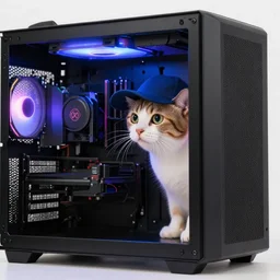 a cat wearing a cap looking a gaming pc