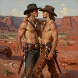 a homoerotic painting of a pair of attractive shirtless gunslingers, they are in love, they are wearing bandoliers, cowboy hats, and fringed leather, twilight red desert mesa, natural lighting, path traced, highly detailed, high quality, digital painting, by gaston bussiere, craig mullins, alphonse mucha, j. c. leyendecker